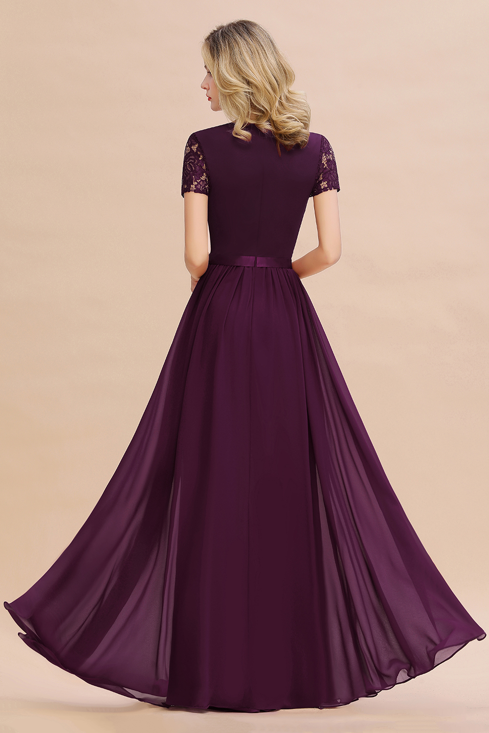 Retro Chiffon Lace Scoop Short-Sleeves Online Bridesmaid Dress