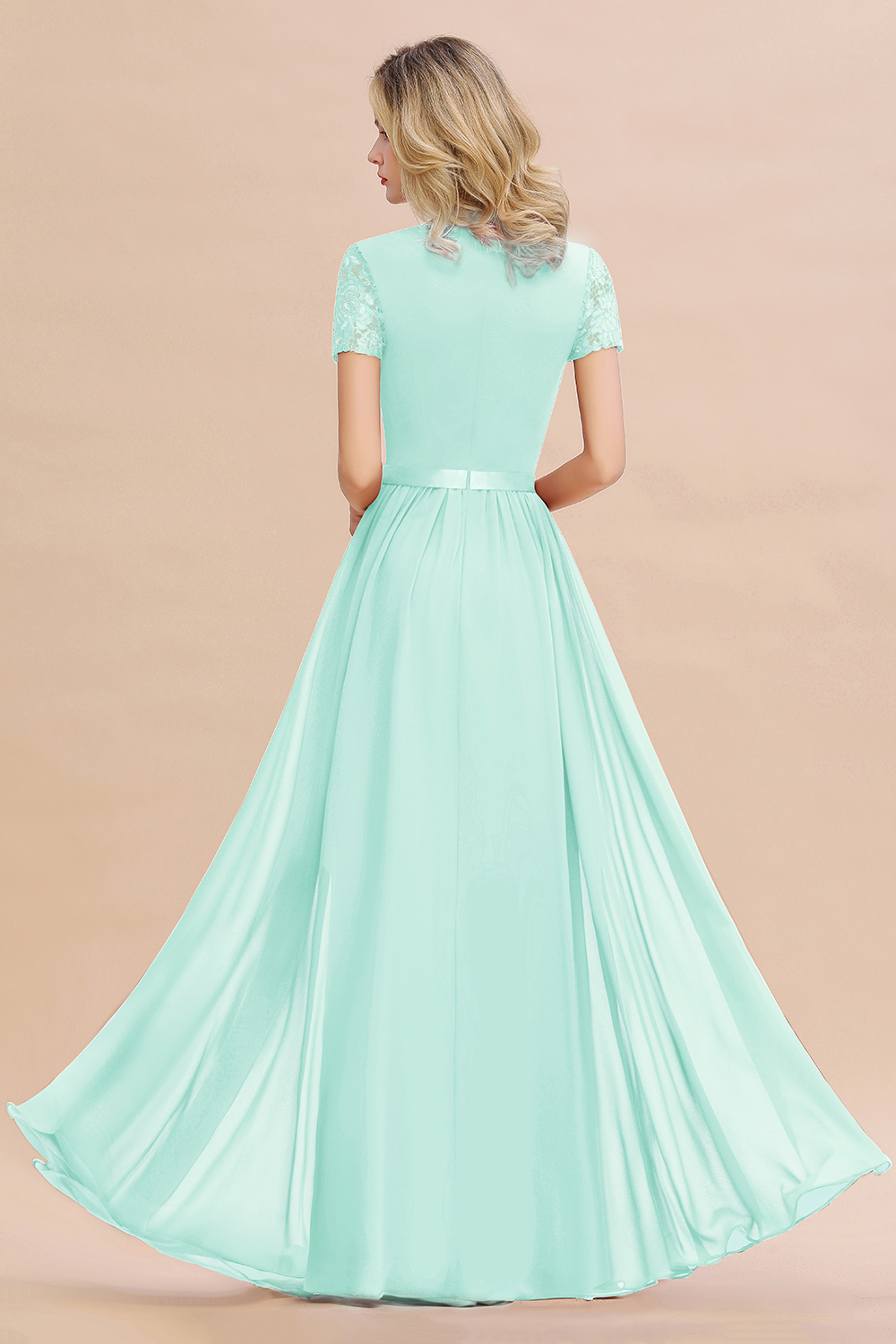 Retro Chiffon Lace Scoop Short-Sleeves Online Bridesmaid Dress