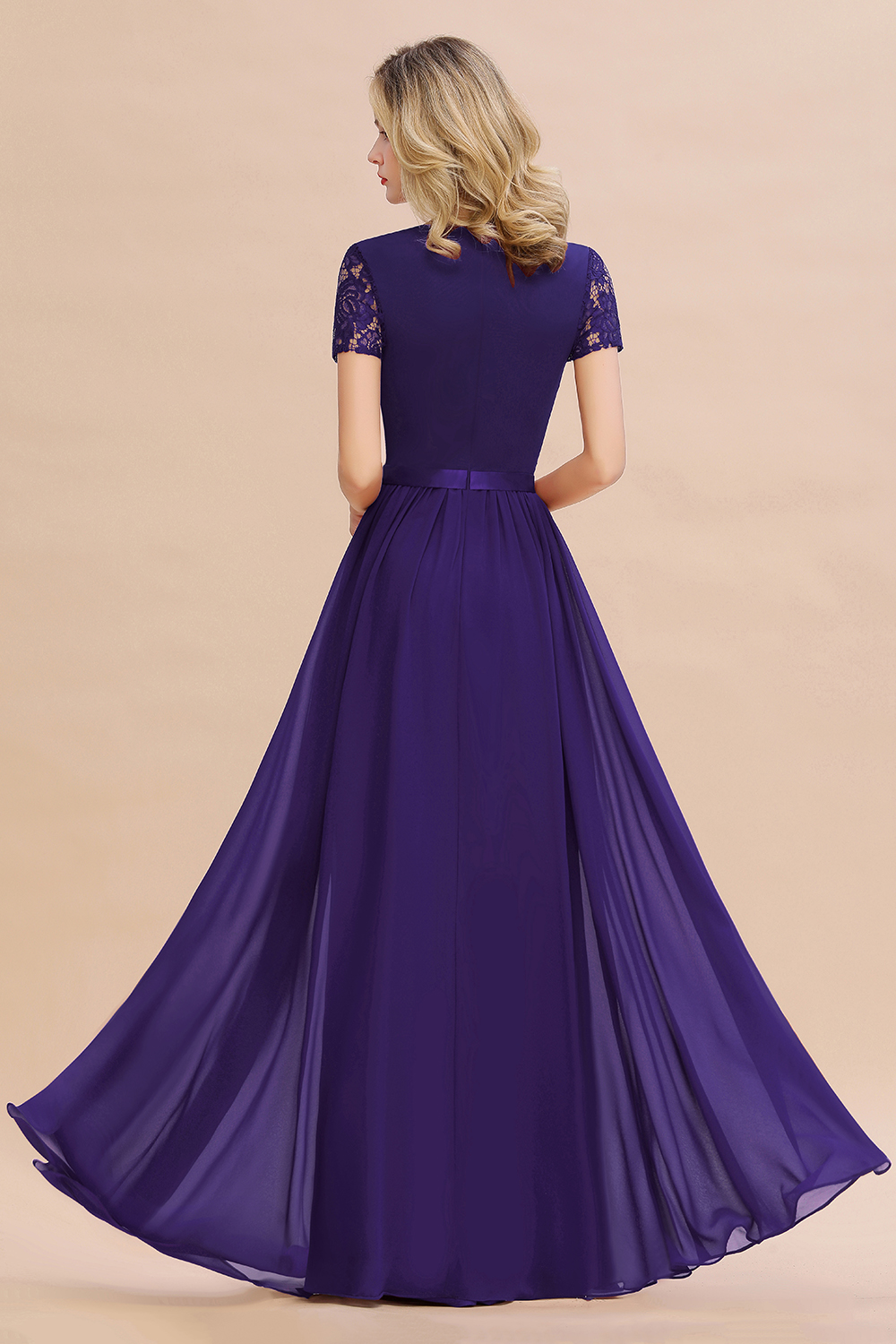 Retro Chiffon Lace Scoop Short-Sleeves Online Bridesmaid Dress