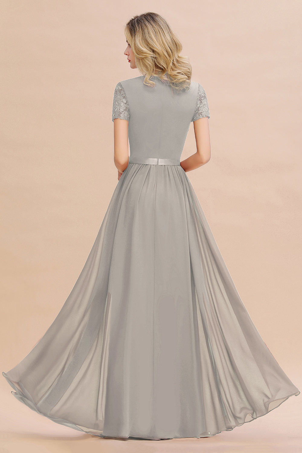 Retro Chiffon Lace Scoop Short-Sleeves Online Bridesmaid Dress