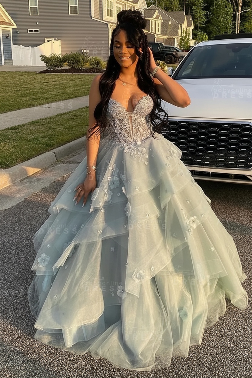 Sleeveless V-Neck Tulle Aline Prom Dress Floral Tiered Ruffles Corset Evening Dress