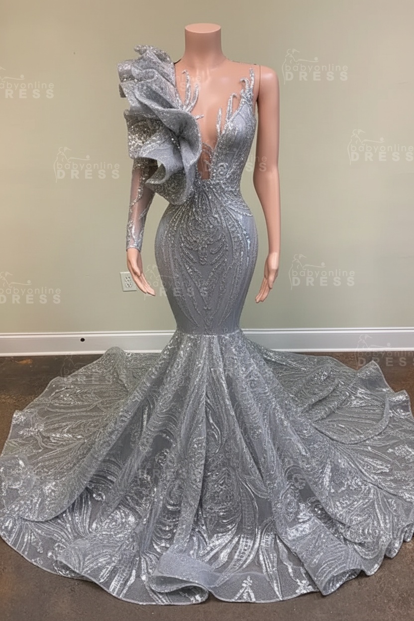 Chic Black Long Sleeve Asymmetrical Floor Length Mermaid Prom Dress
