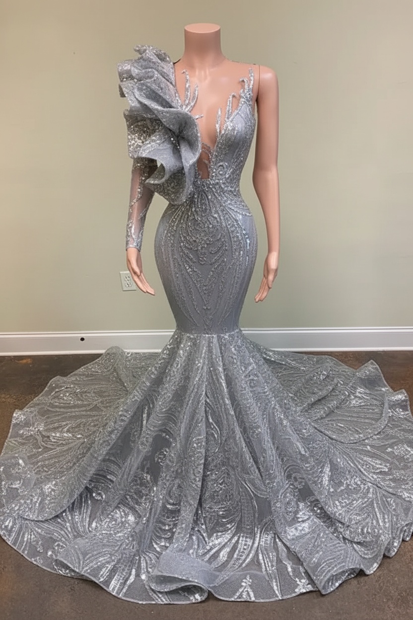 Chic Black Long Sleeve Asymmetrical Floor Length Mermaid Prom Dress