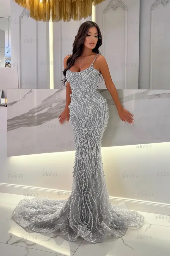 Strapless Mermaid Ivory Court Train Pearls Prom Dresses