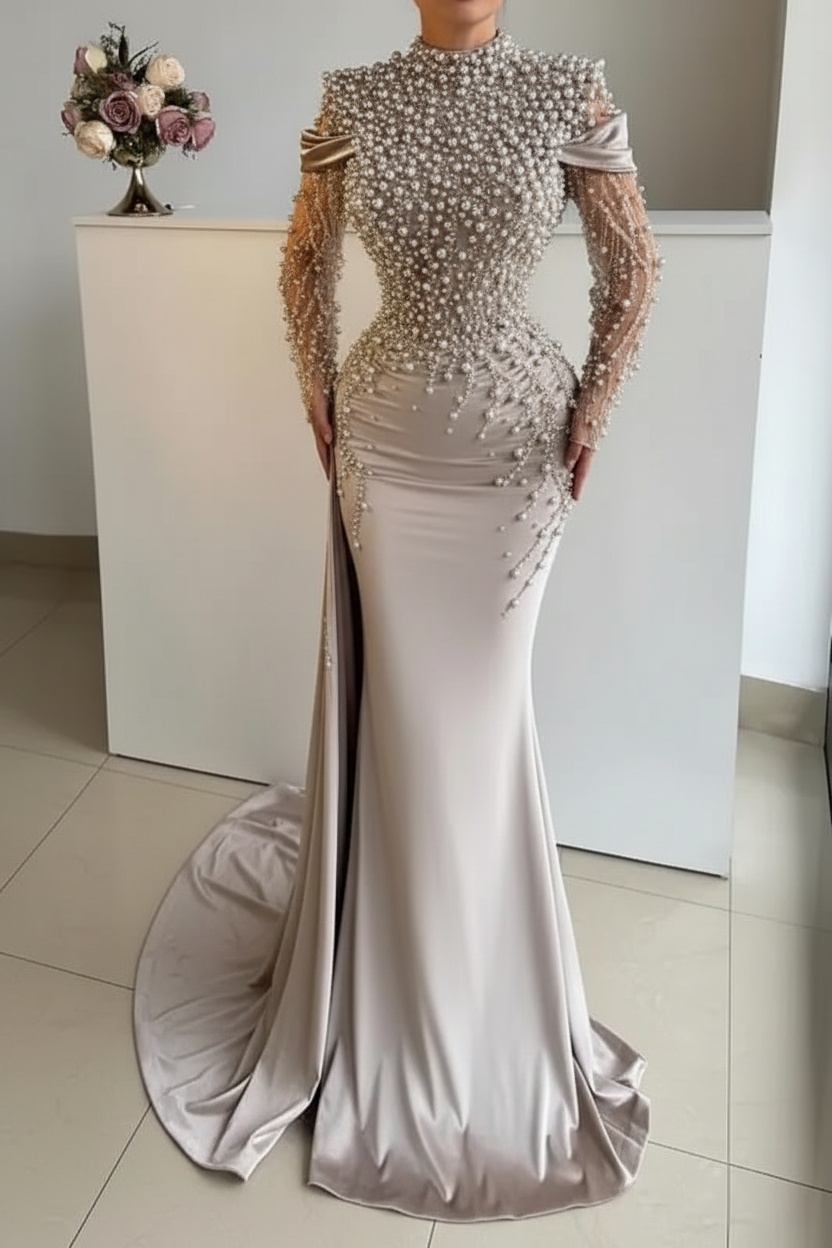 Unique High Neck Beading Long Sleeve Mermaid Prom Dresses