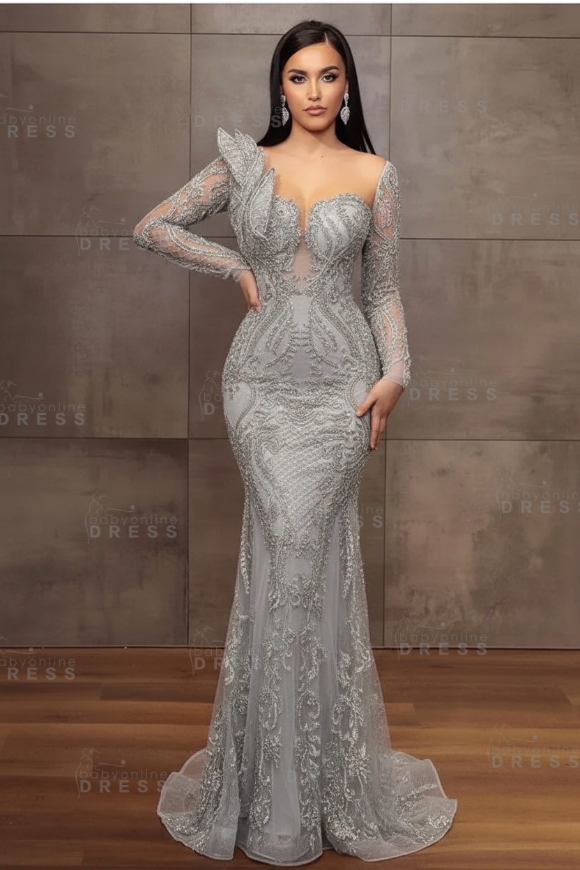 Stunning Burgundy Beadings Long Sleeves Mermaid Prom Dress