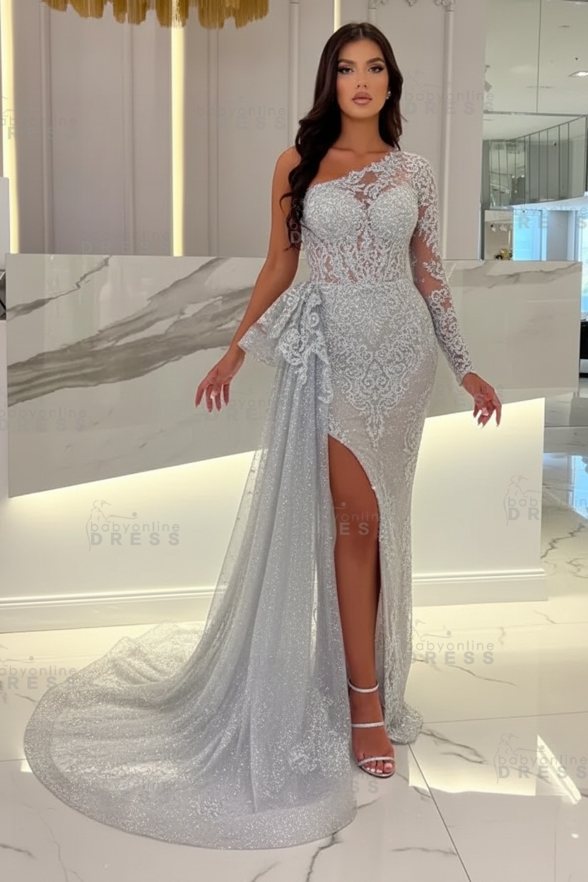 Sexy Sky blue One-shoulder Mermaid Prom Dress Tulle with High split