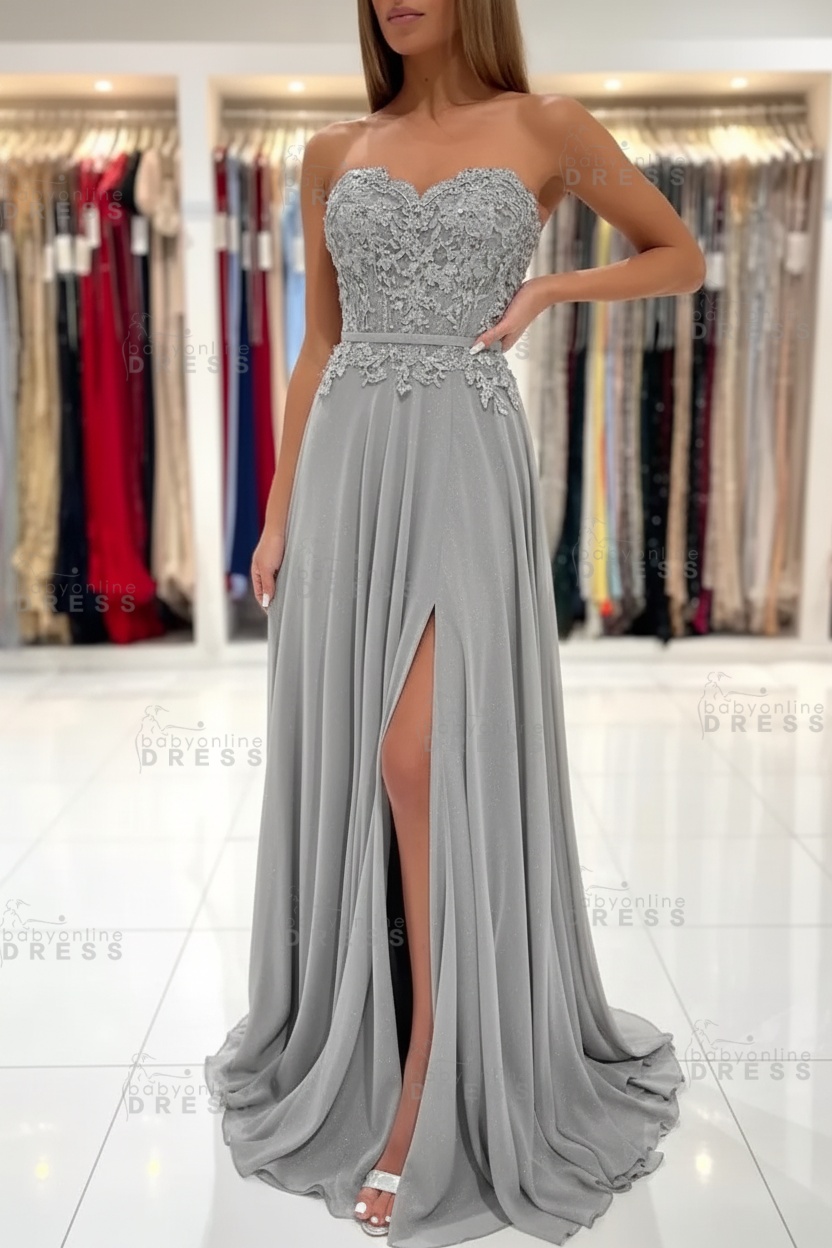 Sweetheart Strapless A-Line Chiffon Floor Length High Split Prom Dress