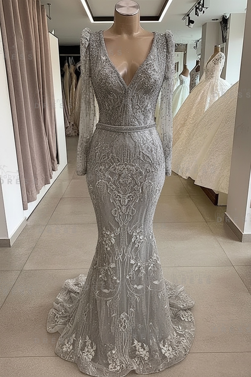 Gorgeous Mermaid Lace Beading V Neck Long Sleeves Prom Dresses | Evening Gowns With Beading Waistband