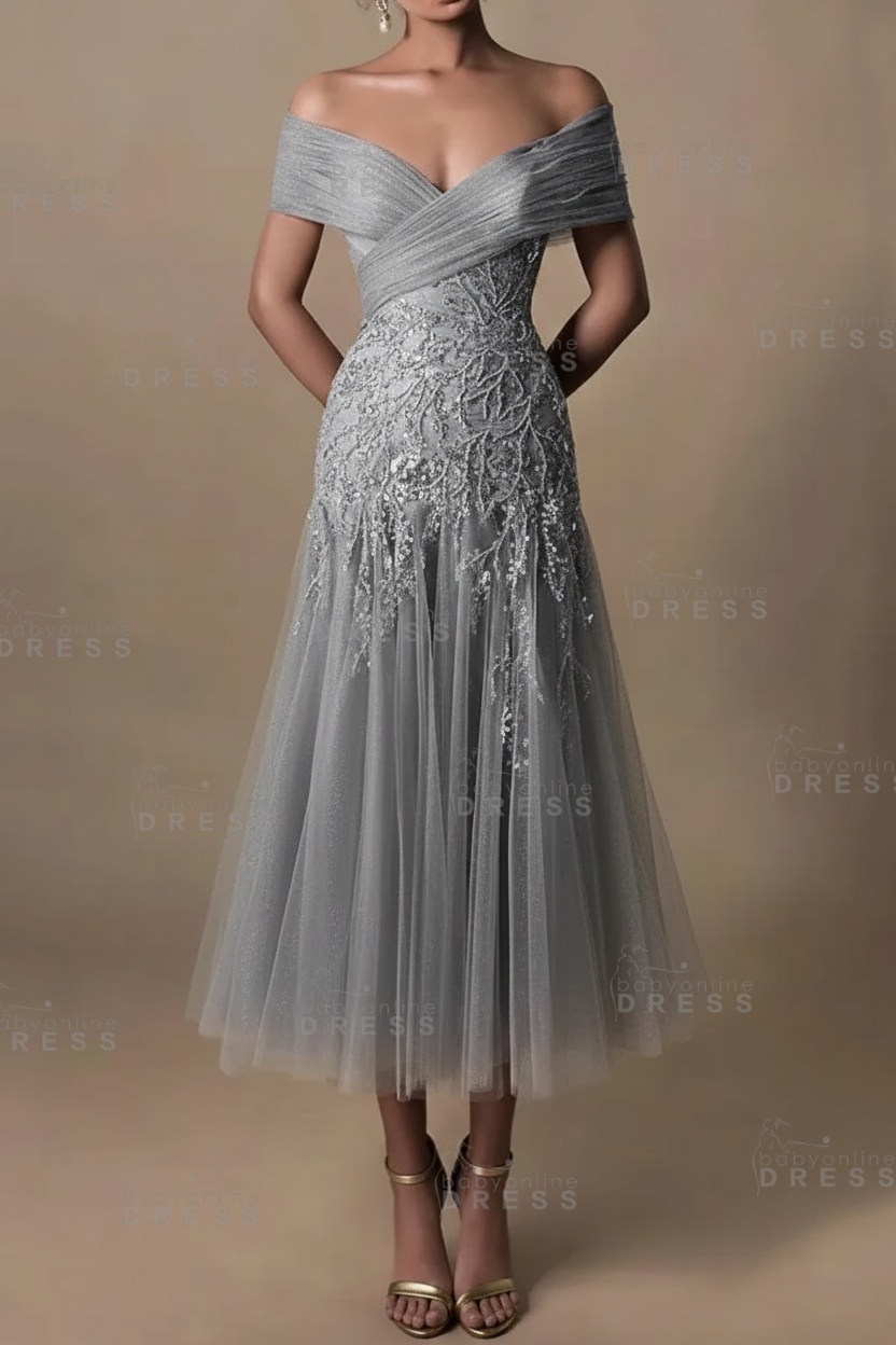 Champagne V-Neck A-Line Tea Length Prom Dress Tulle Mother of the Bride Dress