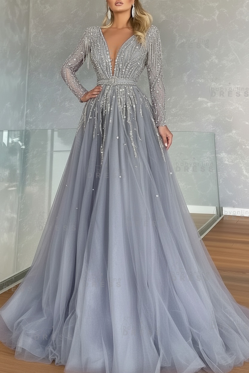 Long Sleeves V-neck Ball Gown A-line Prom Dress with Beadings
