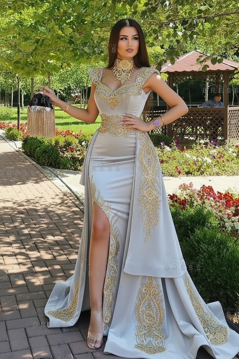 Dark Green Velvet Mermaid Evening Dress with Gold Lace appliques