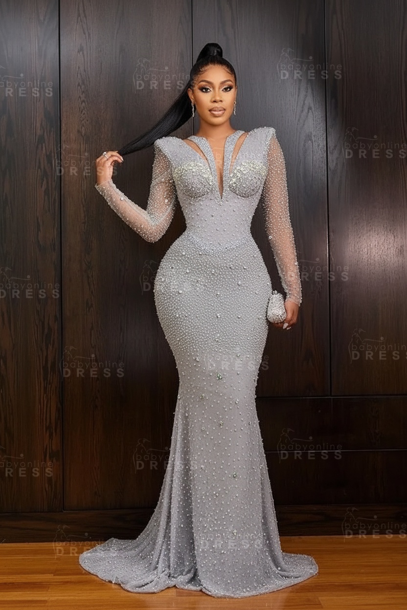 Green V-Neck Beadings Long Sleeves Floor-Length Mermaid Prom Dress