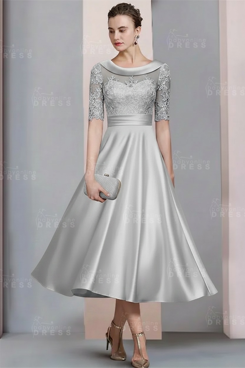 Elegant Ivory Jewel Lace Beading A-Line Tea Length Satin Wedding Guest Dress Formal Mother Dress