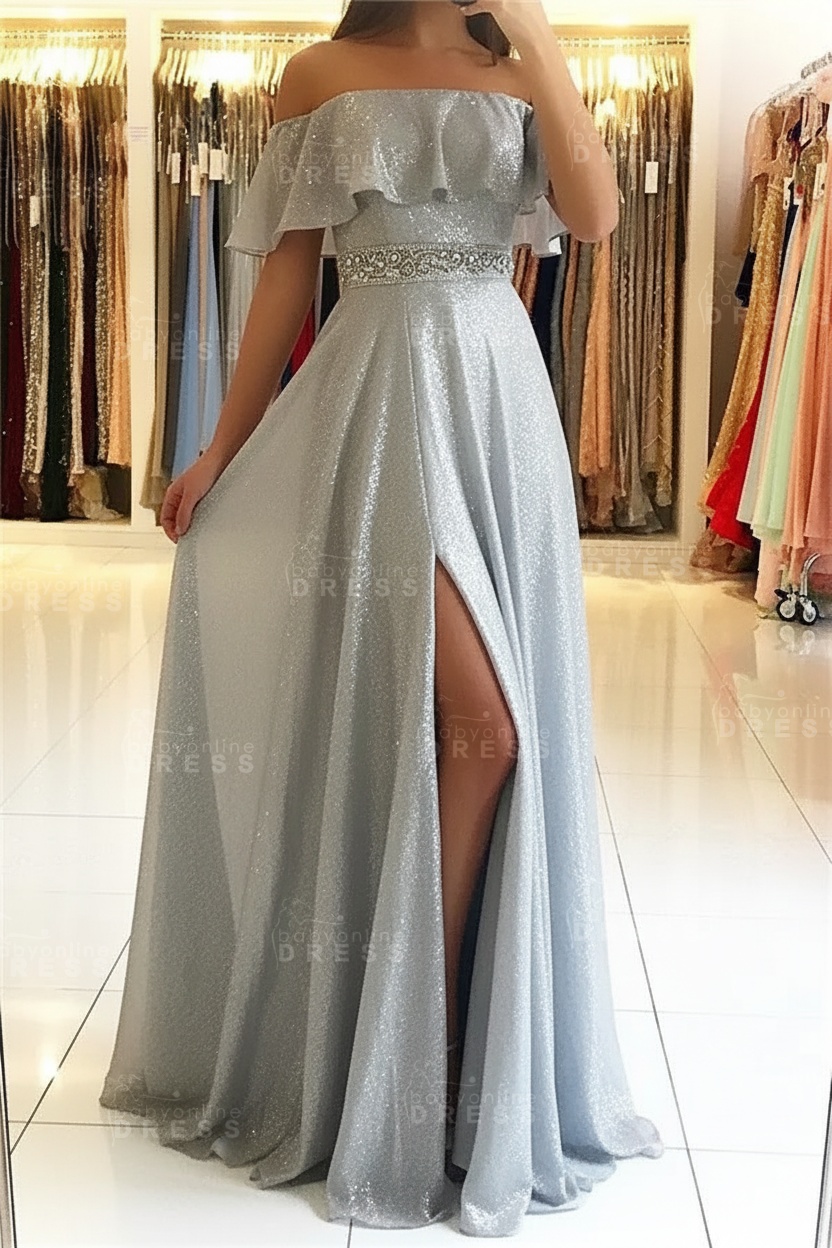 Sky Blue Off The Shoulder Evening Dresses Sexy | Chiffon Side Slit Prom Dress with Crystals Belt