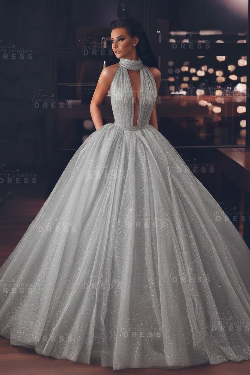Sexy High-Neck Sleeveless Ball Gown Evening Dress with Pockets