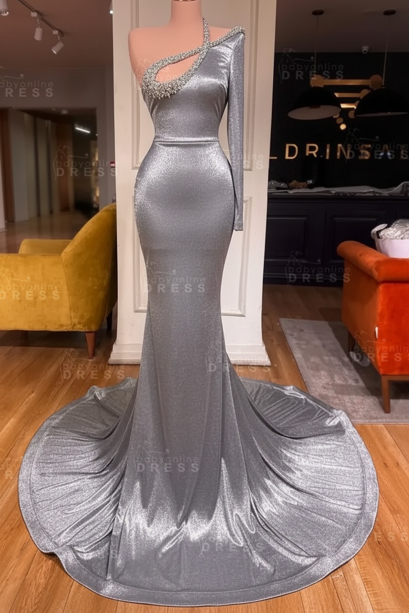 Long sleeves Beaded neckline Black Mermaid Prom Dresses