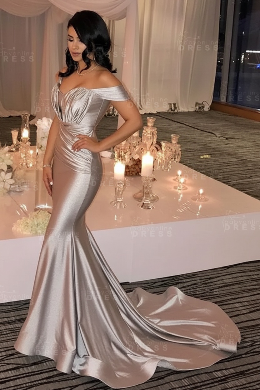 Off The Shoulder Champagne Gold Sexy Prom Dresses Mermaid Lates Popular Evening Gown