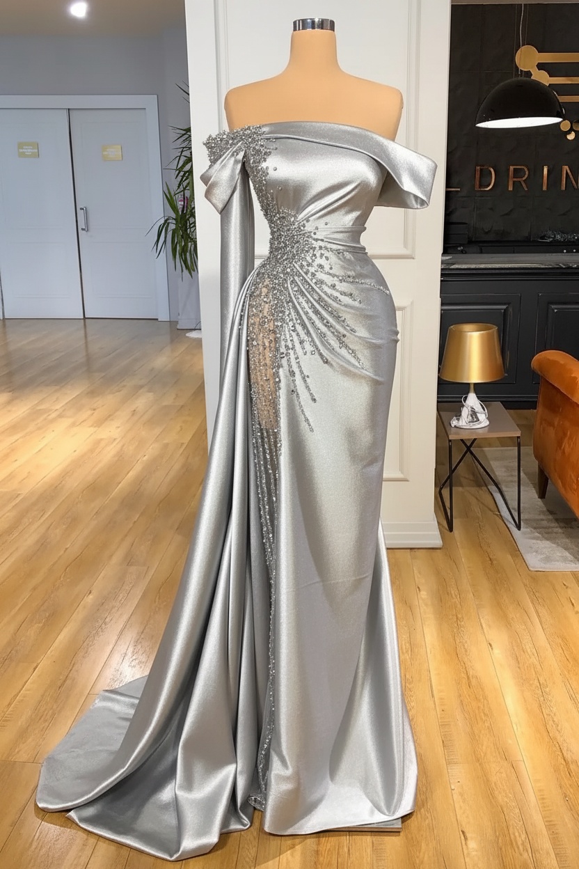 Off-the-Shoulder Satin Floor Length Prom Dress with Side Slit