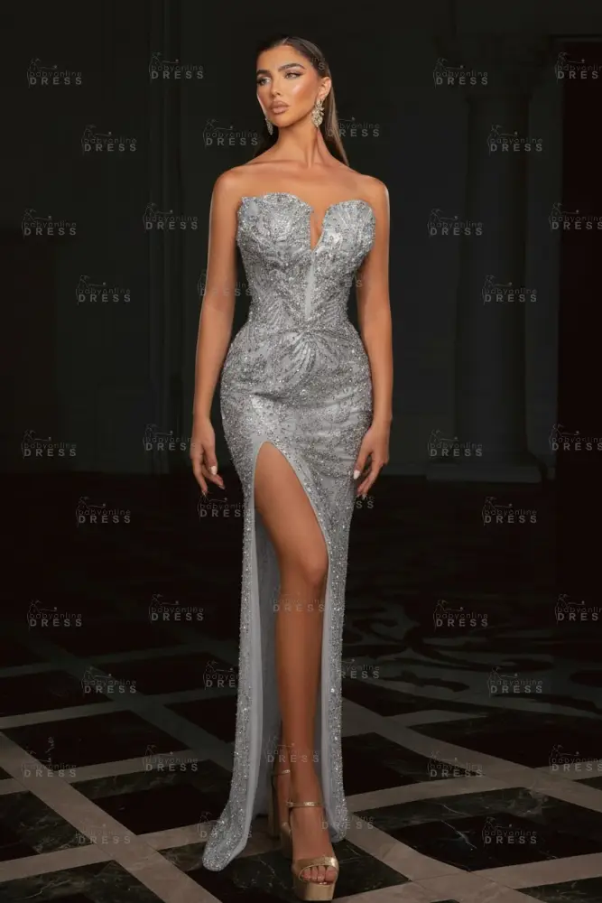 Gold Strapless Sequins Beading Split Front Column Prom Dresses