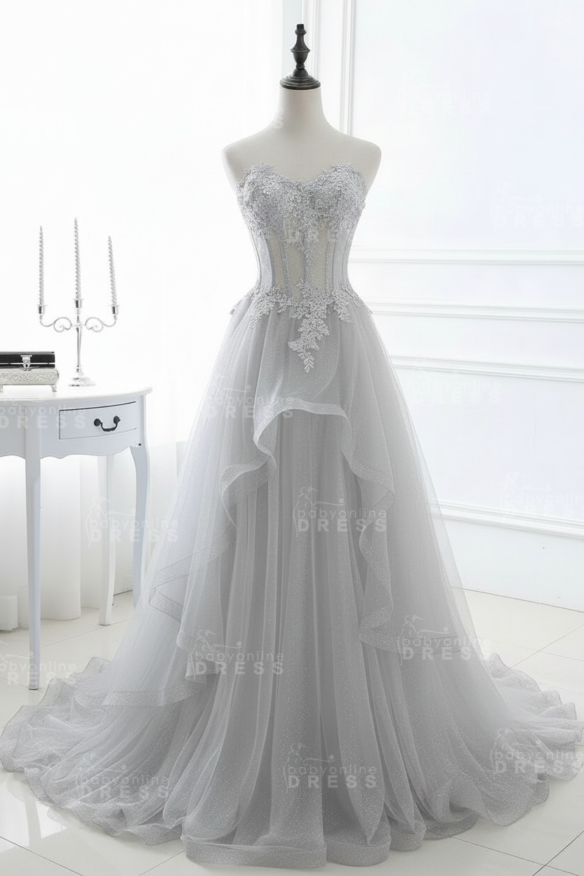CHARLIZE |Ball Gown Sweetheart Tulle Sky Blue Prom Dress with Sequins BM0422