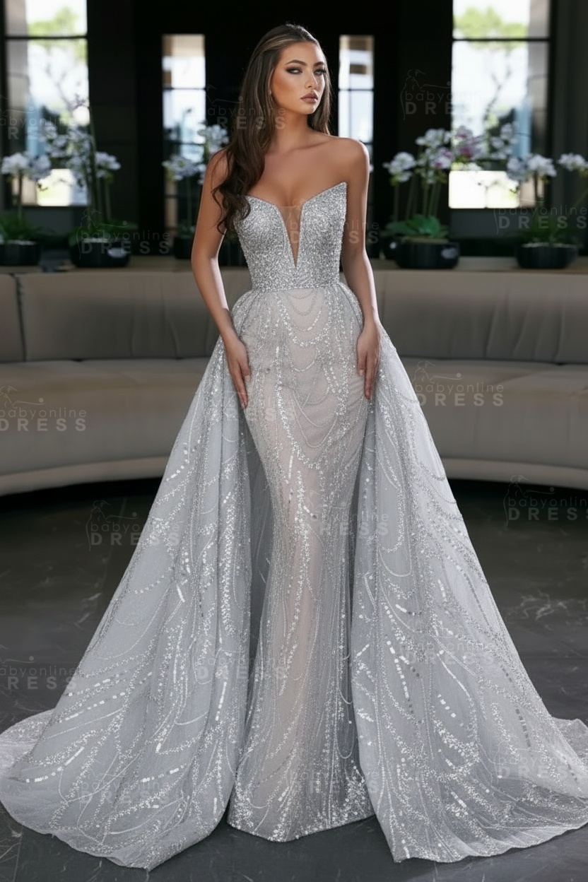 Blue Sequin Mermaid Sweetheart Prom Dresses with Overskirt