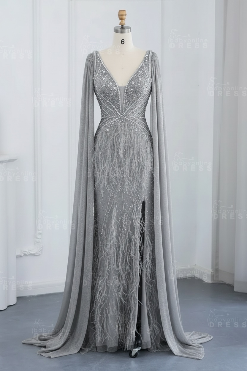 Glamorous V-Neck Fur Beadings Front Slit Mermaid Evening Gowns with Tulle with Cape Sleeves Wedding Party Dress