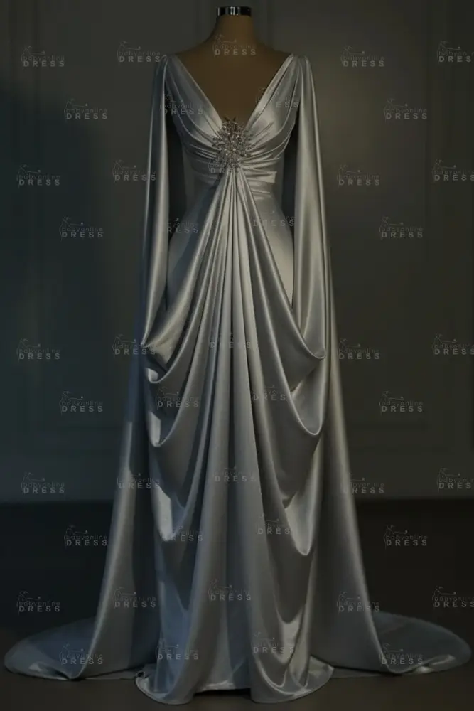 Long sleeves V-neck Satin Ruffles Mermaid Prom Dresses Floor-Length