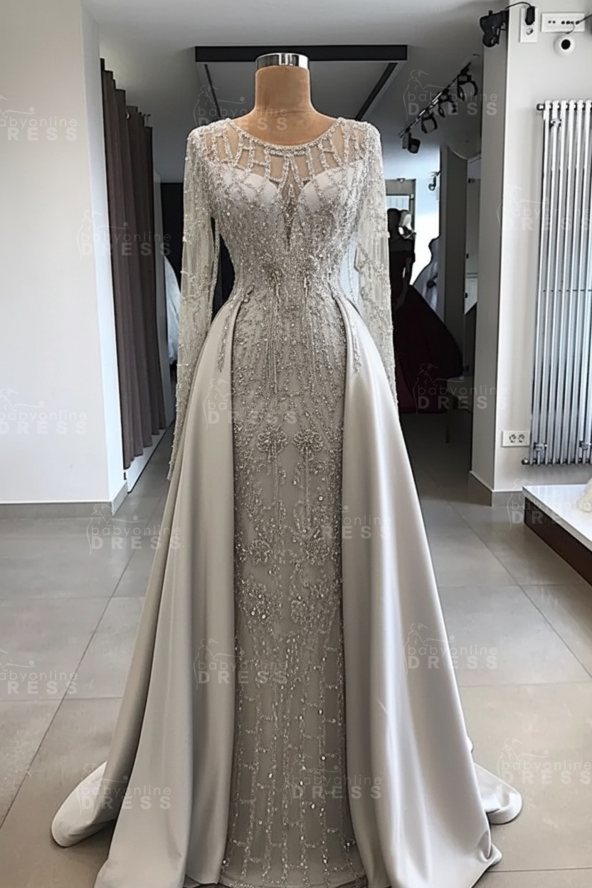 Shining Beaded Long Sleeves Round Neck Prom Dresses With Over Skirt | A Line Evening Gowns