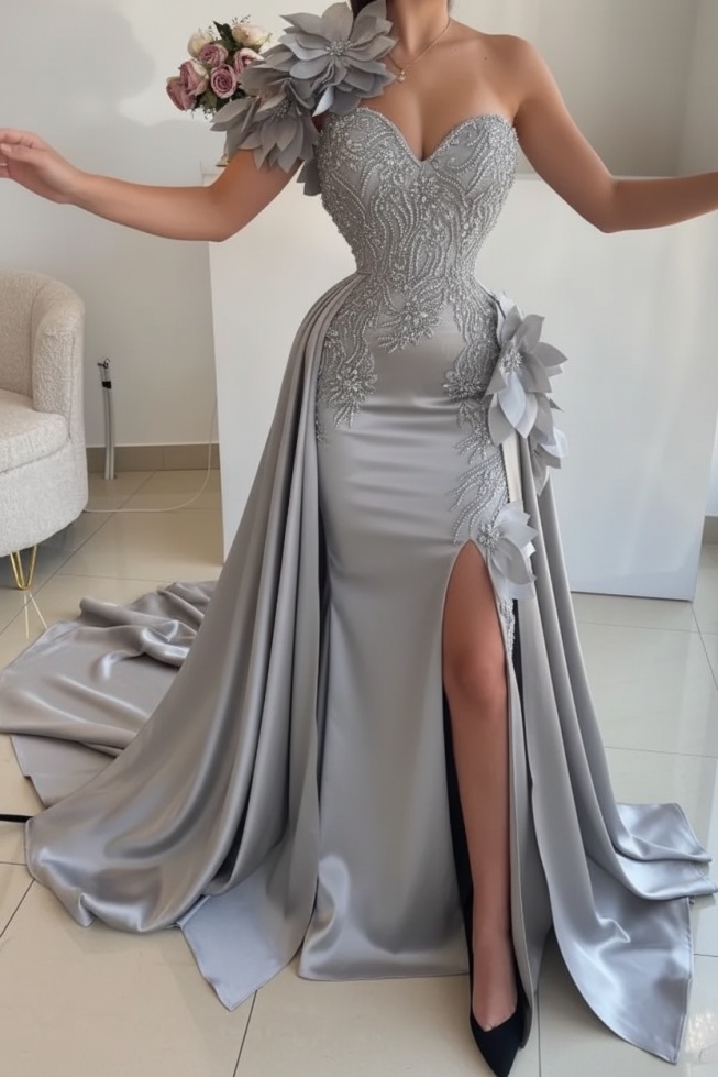 Flowers One shoulder Mermaid Long Prom Dresses with High Split
