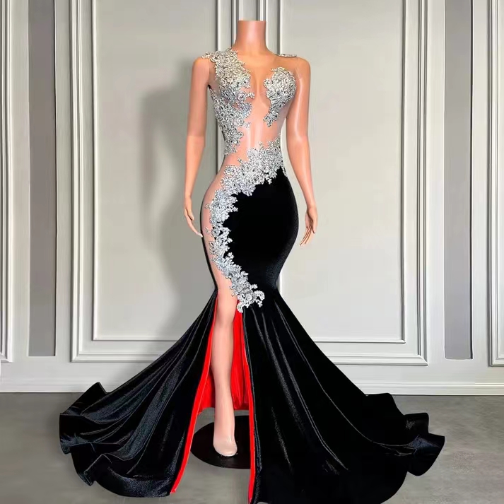 Silver Appliques Black High Split Prom Dresses Sleeveless
