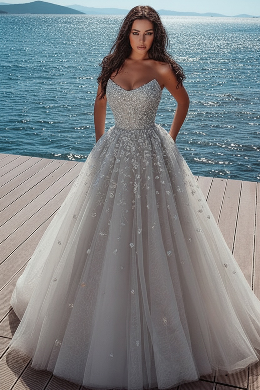 Elegant Sky Blue Strapless Sweet Tulle Sparkle Prom Dress Floor Length