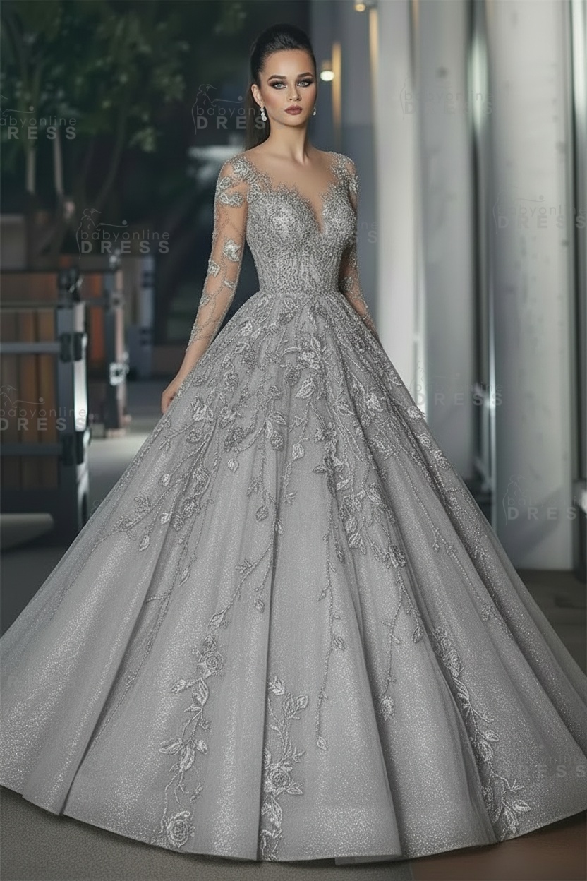 Stunning Illusion Long Sleeve Sexy Evening Gowns | A-line Lace Appliques Tulle Prom Dress
