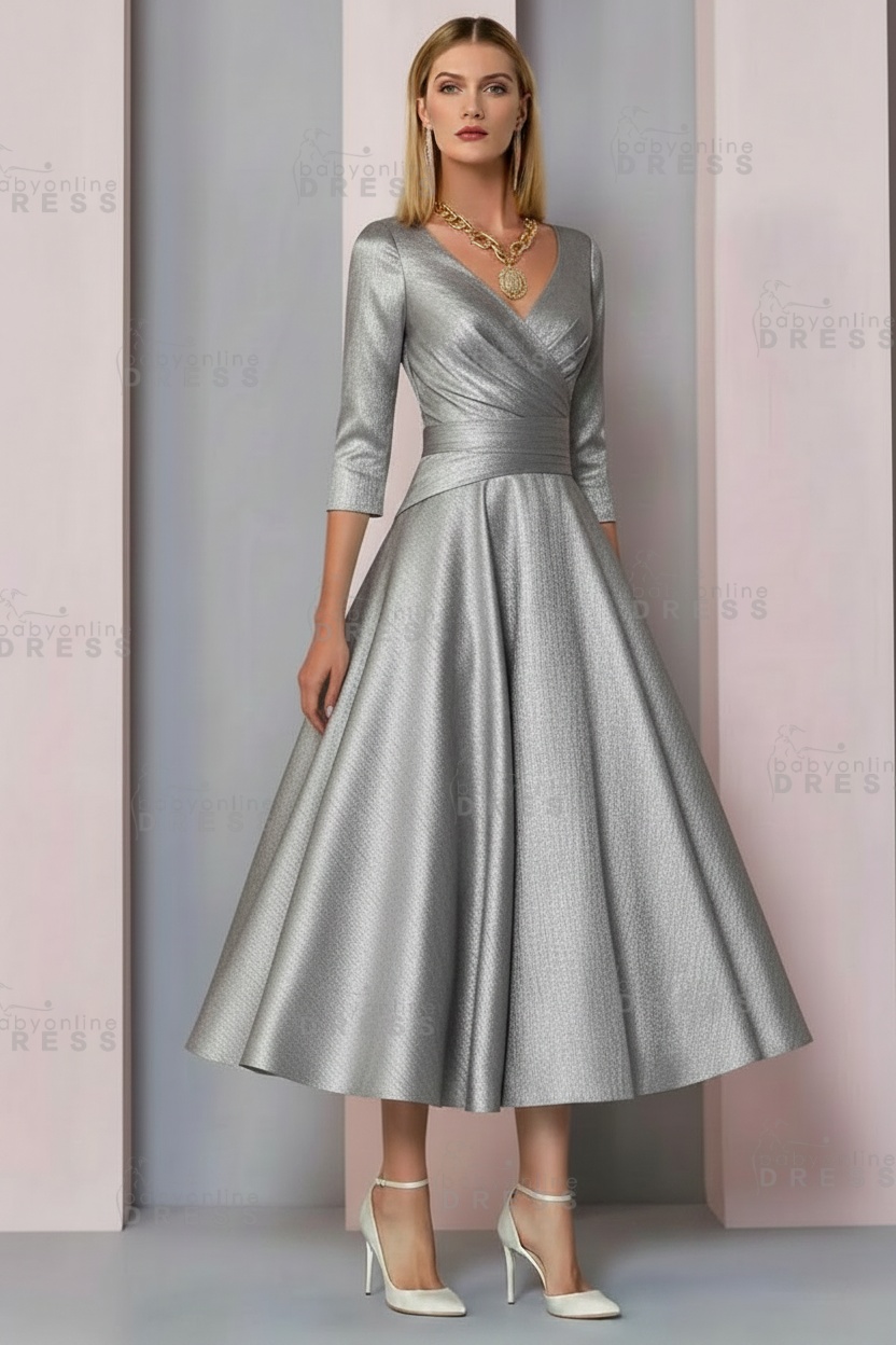 Half Sleeves White Ankle Length Mother of the Bride Dress V-Neck Satin Wedding Guest Dress
