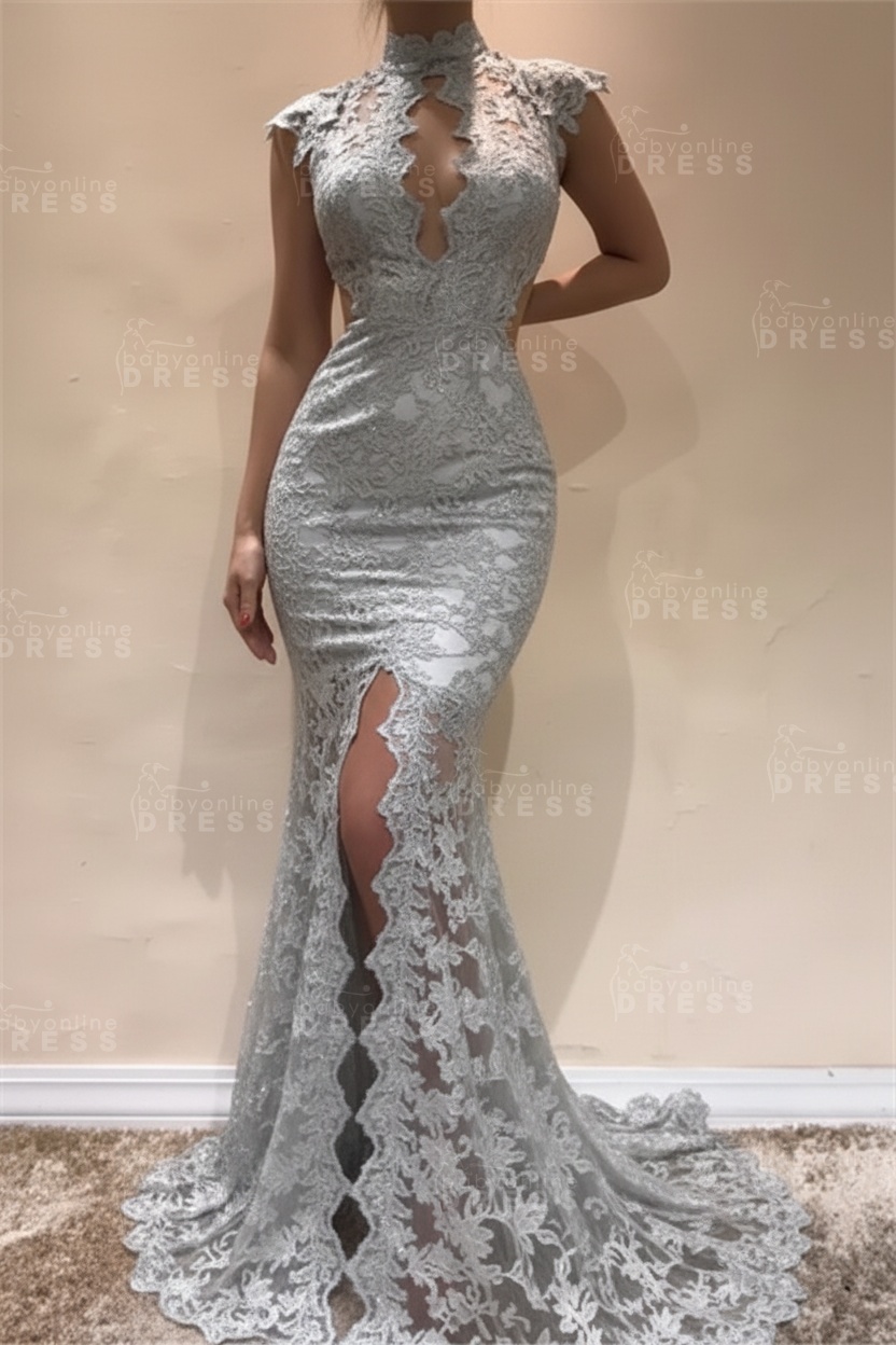 Sleeveless Front Split Evening Dresses | Black High Neck Lace Sexy Prom Dresses