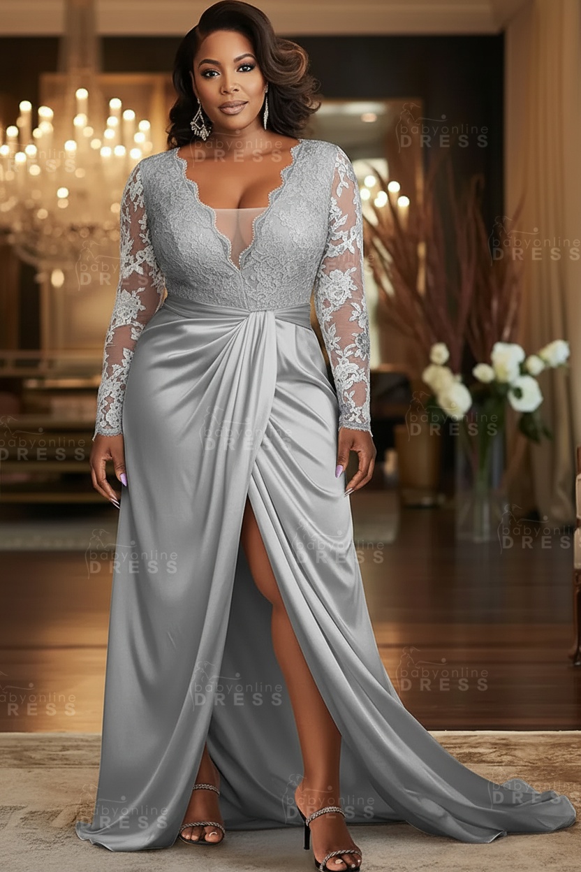 V-neck Appliques Lace Long Sleeve A-Line Prom Dresses with Slit