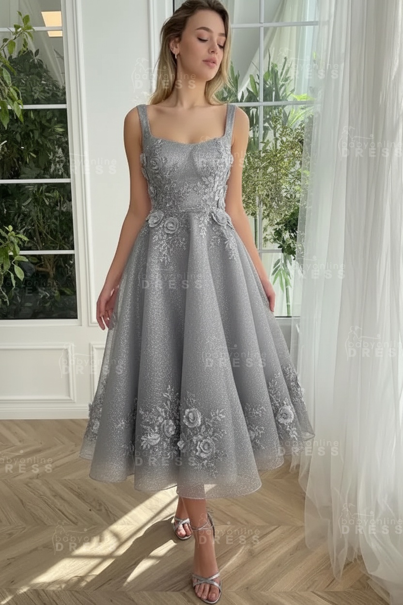 Burgundy Ankle length square neck Homecoming Dress Tulle Aline Formal Dress
