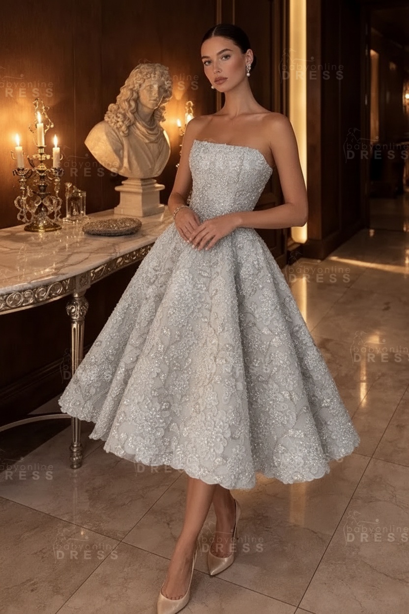 Strapless Yellow Floral A-Line Tea Length Prom Dress with Beadings