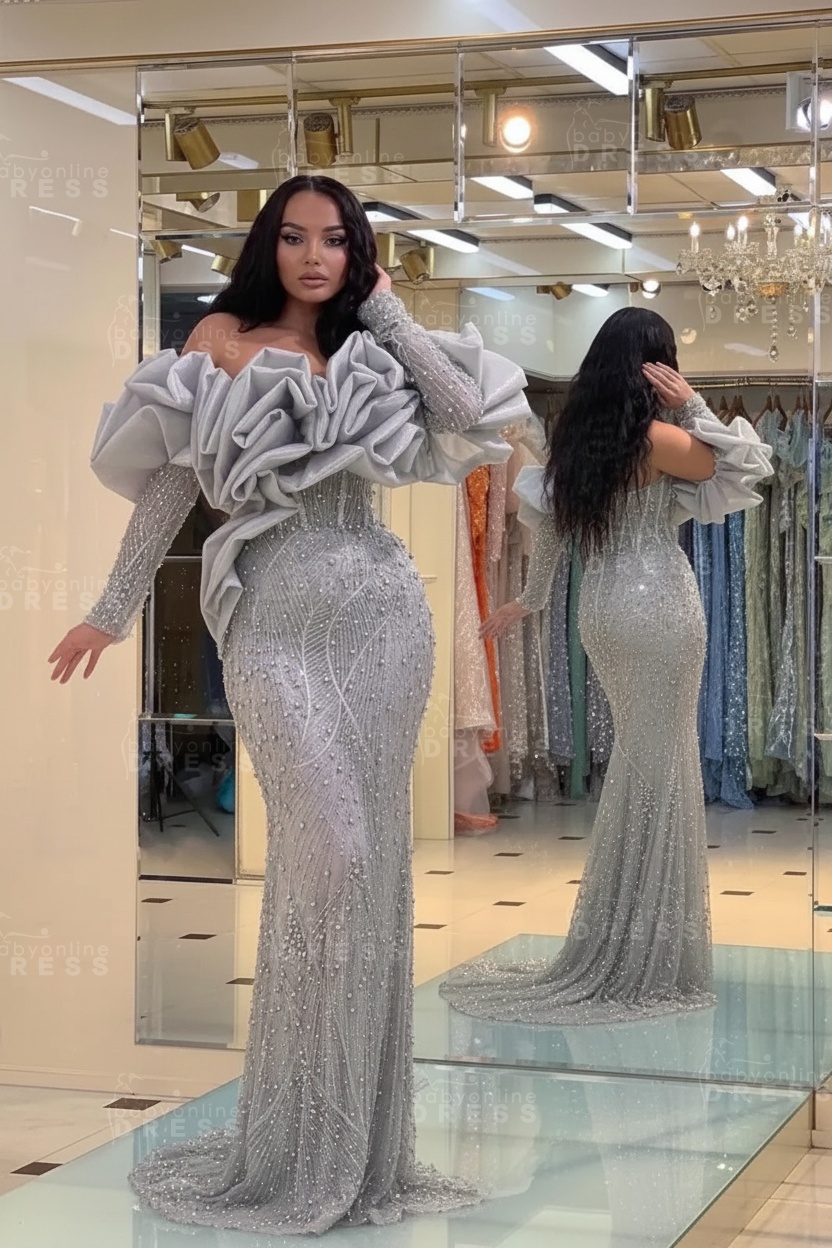 Bubble Sleeves Long Mermaid Prom Dress with Sequins and Beadings