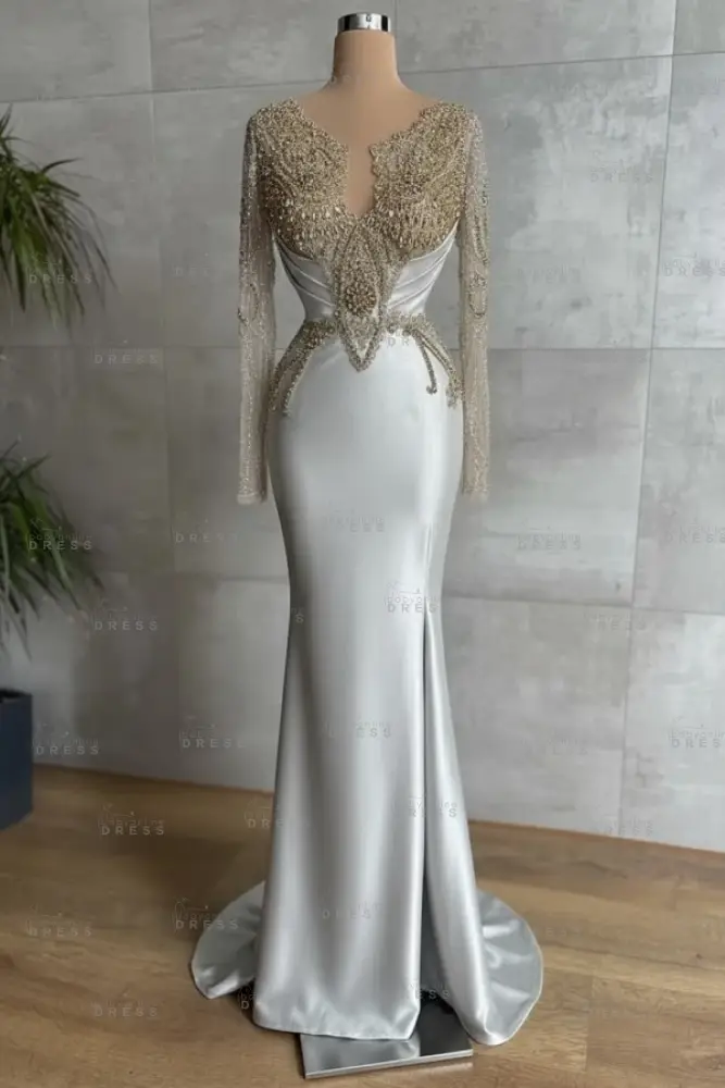 Gold Long sleeves Satin Mermaid V-neck Prom Dresses