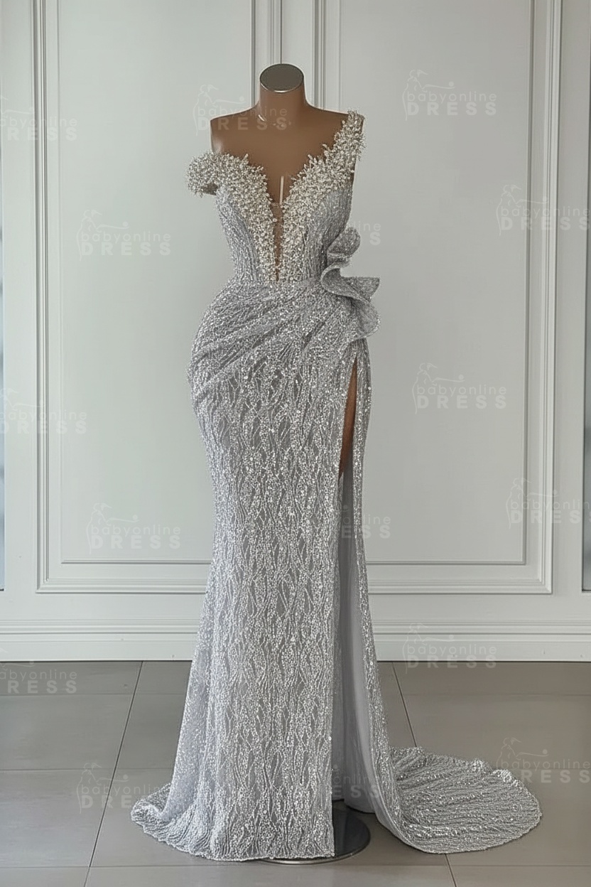 One Shoulder Sequins Sleeveless Long Mermaid Prom Dress