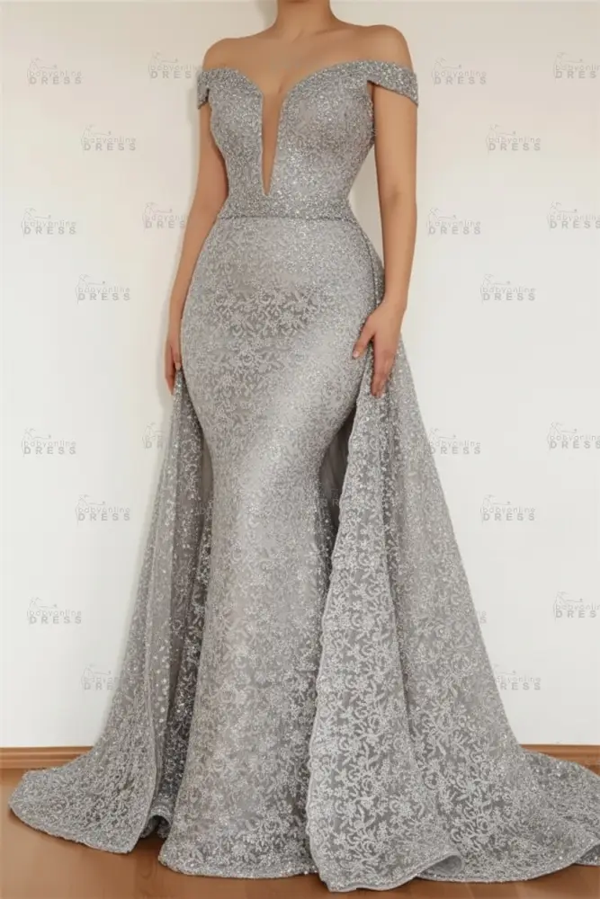 Burgundy Glamorous Mermaid Off The Shoulder Lace Appliques Prom Dress With Detachable Skirt
