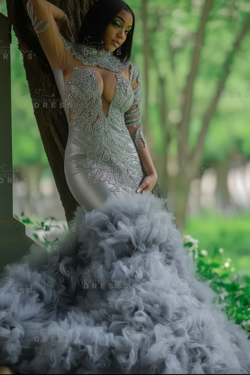 Glamorous Slim Mermaid Evening Gowns with sleeves Beadings Prom Dress