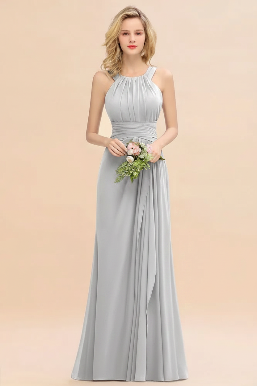 silver halter chiffon floor length bridesmaid dress