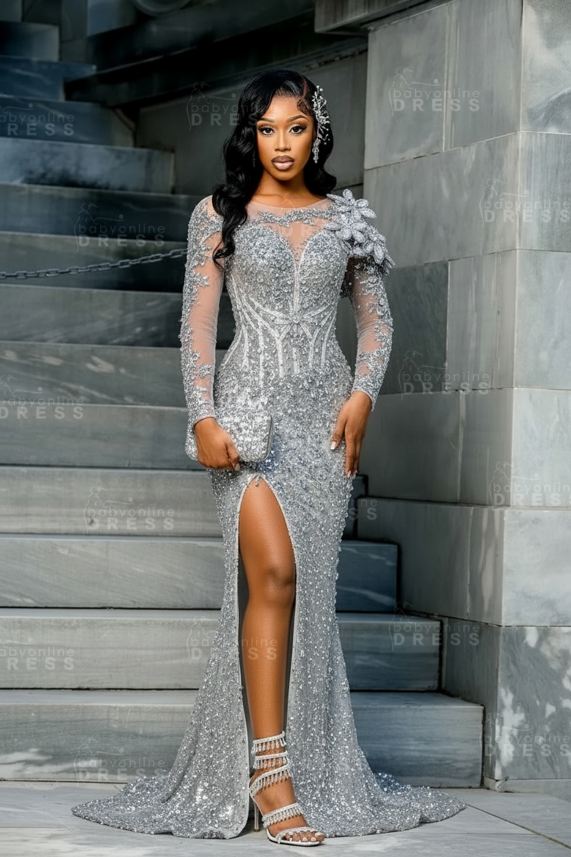 Sparkly Sky Blue Mermaid Prom Dress Beadings Long Sleeves Evening Gown Flowers with High Slit