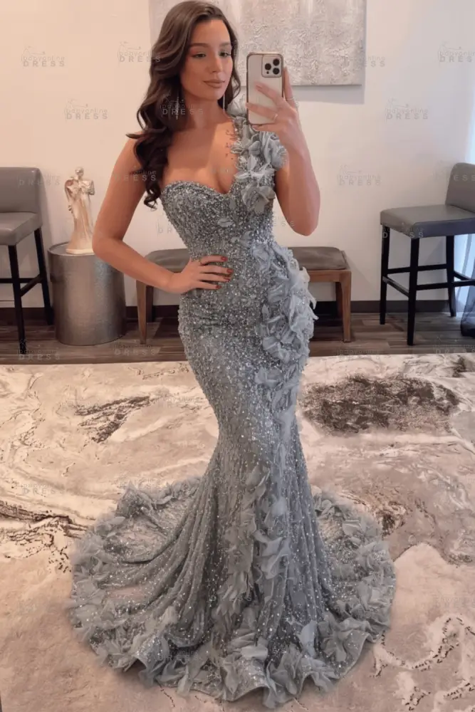 Luxury One Shoulder Sequins Mermaid Prom Dress with Beadings Evening Gown Appliques
