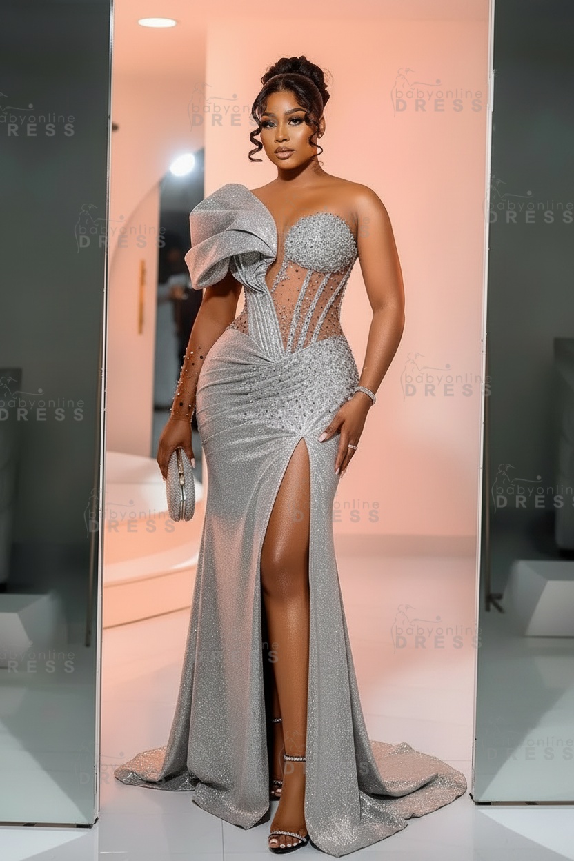 One-Shoulder Long Sleeves Corset Beadings Mermaid Prom Dress with High Split