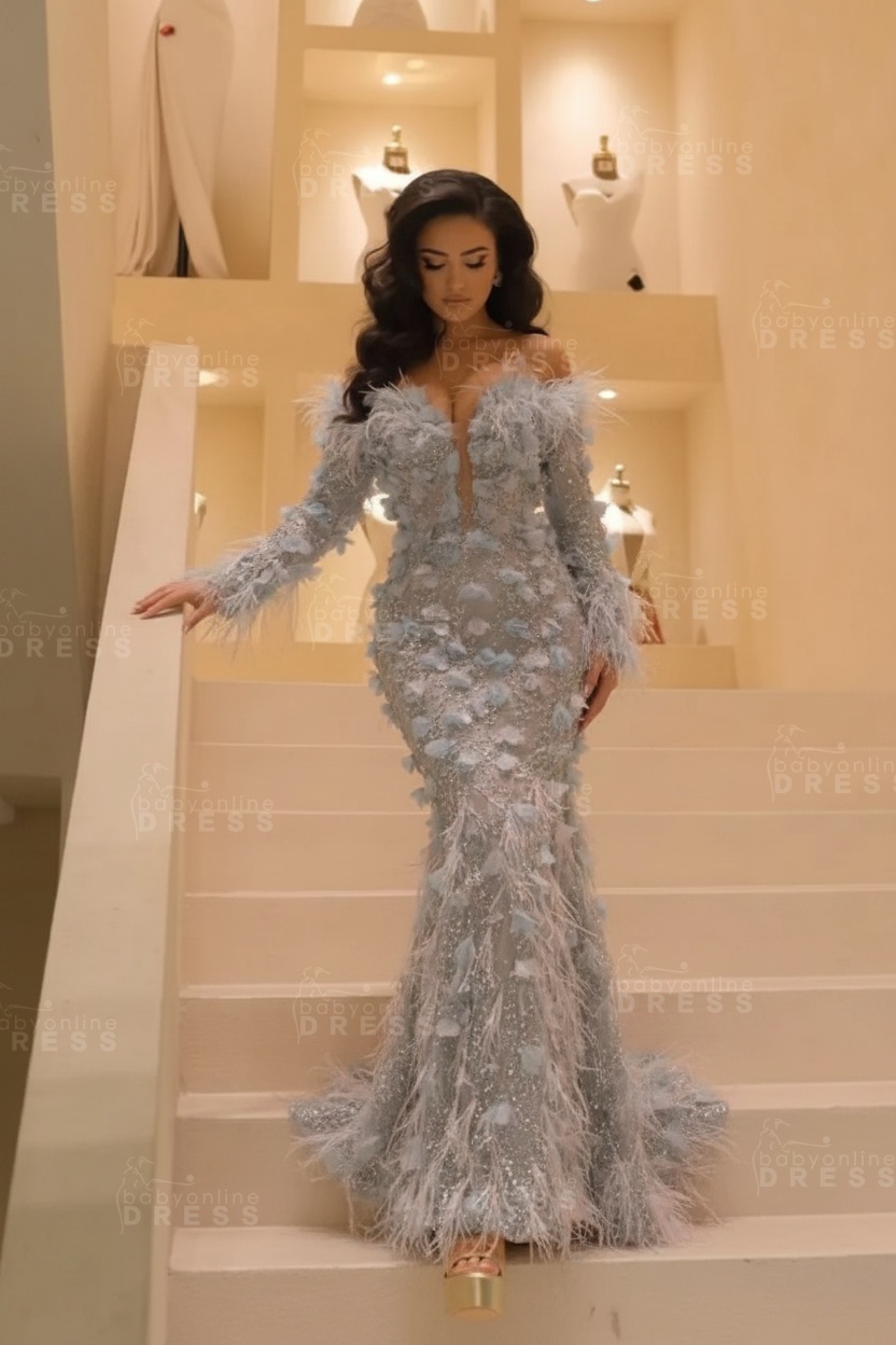 V-neck Long Sleeves Mermaid Evening Dresses Floor Length with Flowers