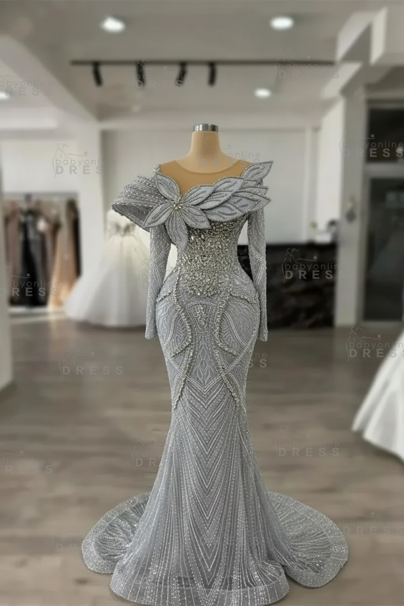 Luxury Crystals Long Sleeves Floor-Length Mermaid Prom Dress with Flowers 