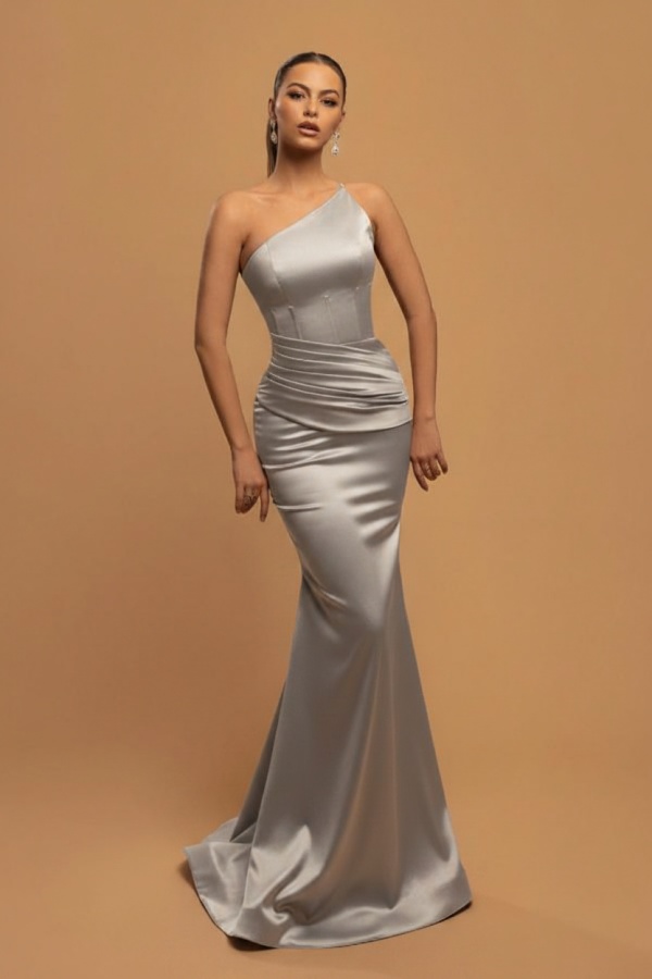 Sexy One Shoulder Ruched Satin Slim Mermaid Prom Dress